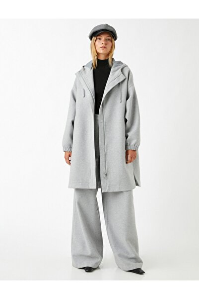Koton Dlouhý kabát s kapucí na zip ze směsi vlny