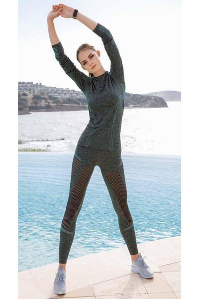 Yeni İnci Gray Melange Sports Tights Top and Bottom Set