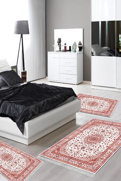 Alanur Home Eko Trend Djt Πλενόμενη αντιολισθητική βάση 3 τεμαχίων κρεβατοκάμαρας P1372 Ottoman Claret Red