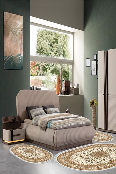Alanur Home Eko Trend Djt Πλενόμενη αντιολισθητική βάση Οβάλ Σετ κρεβατοκάμαρας 3 τεμαχίων P1372 Ottoman Brown