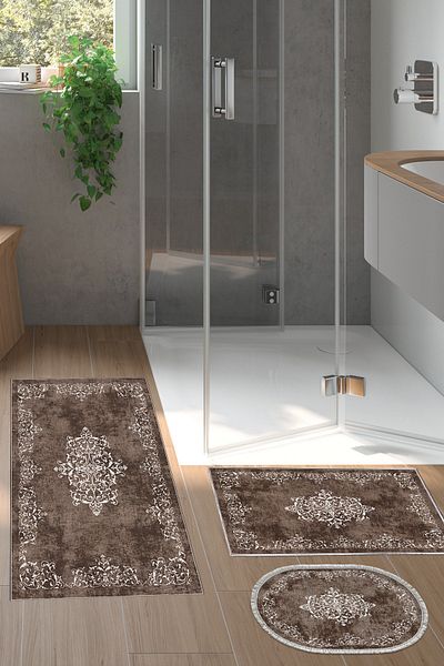 Alanur Home Eco Trend Djt 3-Piece Washable Non-Slip Base Bathroom Mat Set 616 Classic Brown