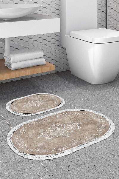 Alanur Home Eko Trend Djt 2 Pack Πλενόμενη αντιολισθητική βάση Οβάλ Χαλάκι μπάνιου 616 Classic Beige (60 X 100 - 50 X 60)