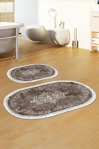 Alanur Home Eko Trend Djt 2 Pack Πλενόμενη αντιολισθητική βάση Οβάλ Χαλάκι μπάνιου 616 Classic Brown (60 X 100 - 50 X 60)