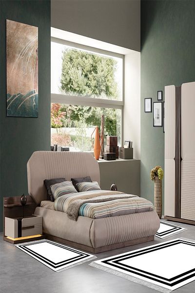 Alanur Home Eko Trend Djt Πλενόμενη αντιολισθητική βάση 3 τεμαχίων υπνοδωματίου 1696 με περίγραμμα λευκό μαύρο