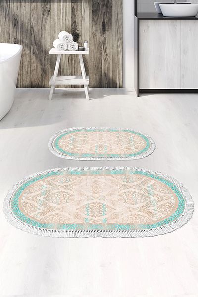 Alanur Home Eko Trend Djt 2 Li Washable Base Οβάλ Χαλάκι μπάνιου 1376 Classic Turquoise (50 X 80 - 40 X 50)