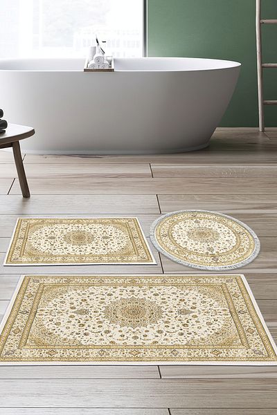 Alanur Home Eko Trend Djt Σετ πατάκι μπάνιου με αντιολισθητική βάση 3 τεμαχίων που πλένεται P1360 Ottoman Cream