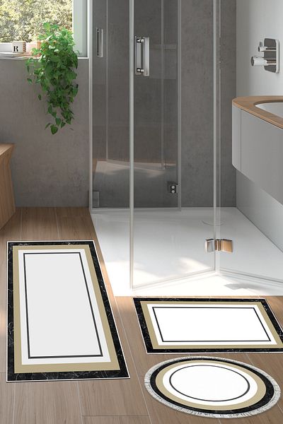 Alanur Home Eko Trend Djt 3-Pece Washable Αντιολισθητική Βάση Σετ Χαλάκι Μπάνιου 673m Κρέμα με Border