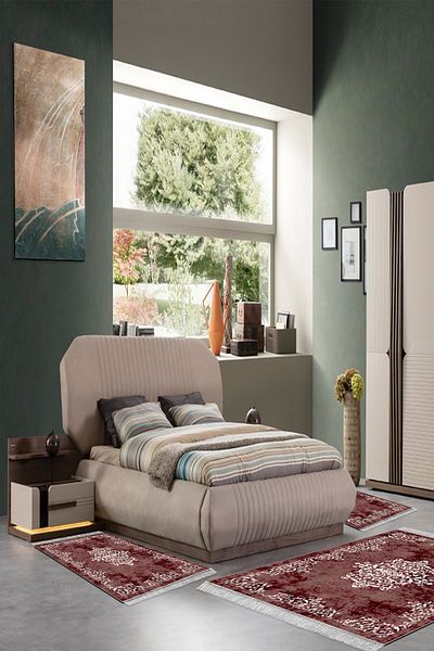 Alanur Home Eko Trend Djt Πλενόμενη αντιολισθητική βάση 3 τεμαχίων κρεβατοκάμαρας 616 Classic Claret Red