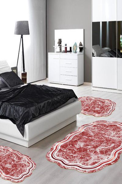 Alanur Home Eko Yıldız Djt Πλενόμενη αντιολισθητική βάση 3 τεμαχίων κρεβατοκάμαρας 203 με σχήματα κόκκινο