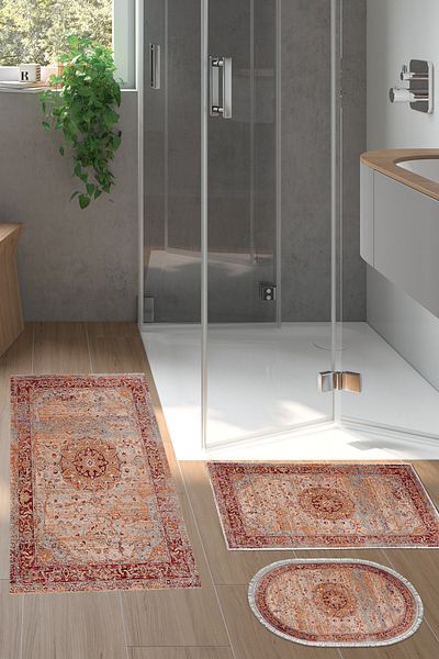 Alanur Home Eko Trend Djt Σετ πατάκι μπάνιου με αντιολισθητική βάση 3 τεμαχίων που πλένεται P1356 Vintage Red