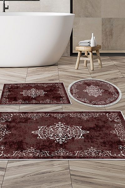 Alanur Home Eko Trend Djt 3-Pece Washable Non-Slip Σετ πατάκι μπάνιου 616 Classic Claret Red