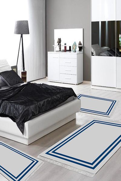 Alanur Home Eko Trend Djt Πλενόμενη αντιολισθητική βάση 3 τεμαχίων κρεβατοκάμαρας 1696 γκρι μπλε ναυτικό με περίγραμμα