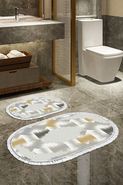 Alanur Home Eko Trend Djt 2 Pack Πλενόμενη Βάση Οβάλ Χαλάκι Μπάνιου S1030 Μοντέρνα Κρέμα (60 X 100 - 50 X 60)