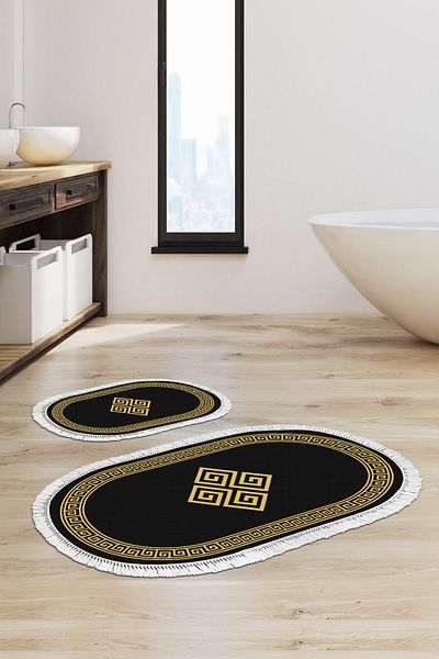 Alanur Home Eko Trend Djt - Πακέτο 2 πλενόμενων, αντιολισθητικών οβάλ χαλιών μπάνιου 656m Μοντέρνο Χρυσό (60 x 100 - 50 x 60)