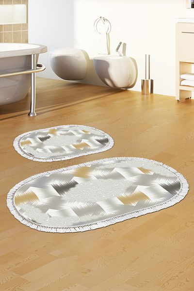 Alanur Home Eko Trend Djt 2 Pack Πλενόμενη αντιολισθητική βάση Οβάλ Χαλάκι μπάνιου S1030 Μοντέρνα Κρέμα (50 X 80 - 40 X 50)