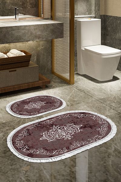 Alanur Home Eko Trend Djt 2 Pack Πλενόμενη αντιολισθητική βάση Οβάλ Χαλάκι μπάνιου 616 Classic Claret Red (60 X 100 - 50 X 60)
