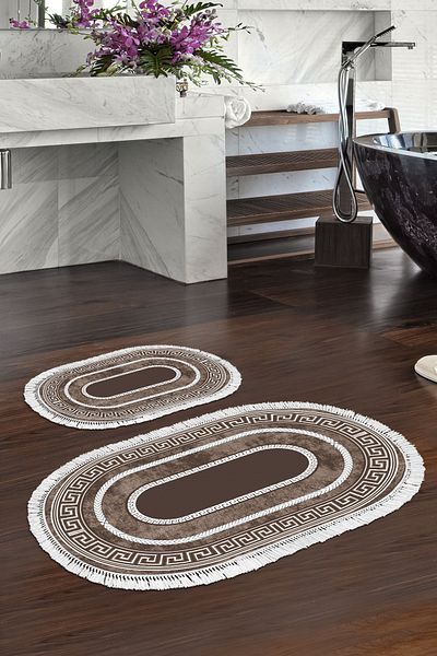 Alanur Home Eko Trend Djt 2 Pack Πλενόμενη αντιολισθητική βάση Οβάλ Χαλάκι μπάνιου 651m Μοντέρνο Καφέ (50 X 80 - 40 X 50)