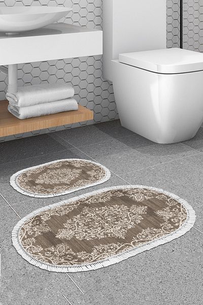 Alanur Home Eko Trend Djt 2 Pack Πλενόμενη αντιολισθητική βάση Οβάλ Χαλάκι μπάνιου 762 Ottoman Mink (50 X 80 - 40 X 50)