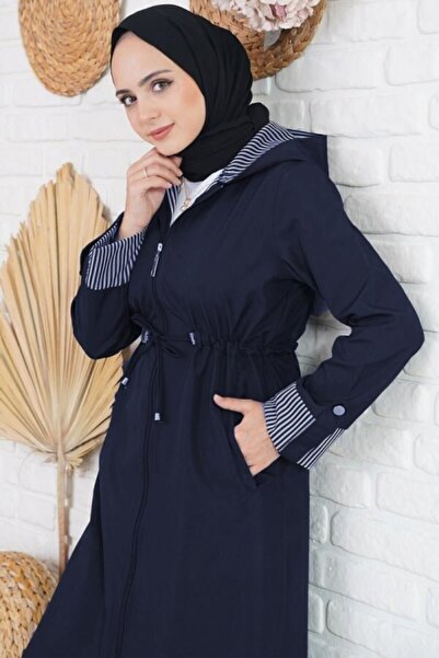 Modakenti Жіночий великий розмір, подвійний рукав, водонепроникний, з капюшоном, тренч - синій