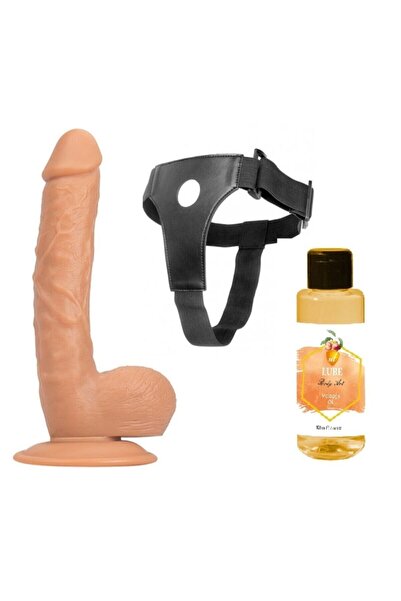 Erolife Realistik Dildo Et Dokusunda 23 cm Büyük Kemerli Takma Penis + Kemer + Kaydırıcı Masaj Yağı