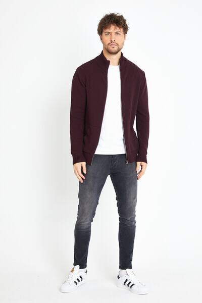 Matte Brussels Burgundy Zippered Knitwear Cardigan with Pockets