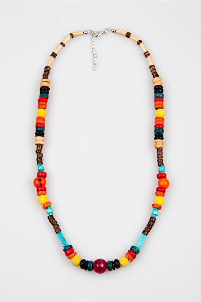 Lila Rosa Doğal Taşlı Ahşap Boncuklu Etnik Otantik Kolye