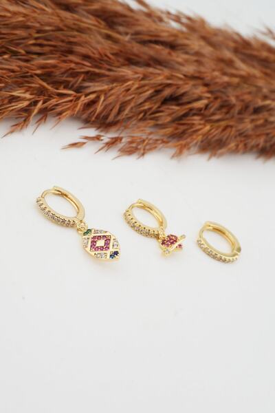 By Zeyna Aksesuar Kadın Kararmaz Altın Kaplama Vintage 3'lü Zirkon Set Küpe