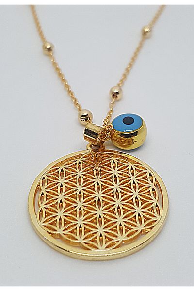 Kardeş Bujiteri Flower of Life Evil Eye Beaded Ball Chain Gold Necklace - 12