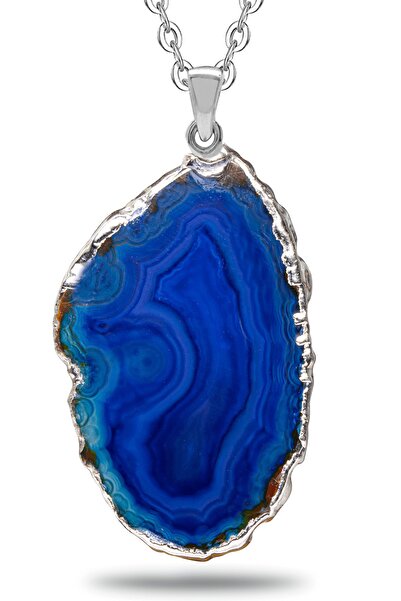 Tesbih Atölyesi Sertifikalı Damarlı A Kalite Doğal Mavi Akik Taşı Kolye