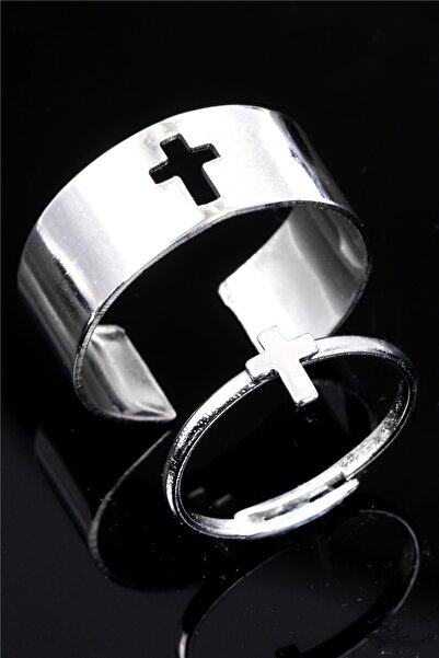 LABALABA Haç Figürlü Gümüş Renk Lak Kaplama Ayarlanabilir 2'li Çift Yüzük