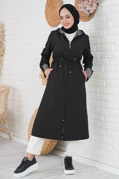 Modakenti Women's Large Size Double Sleeve Waterproof Bondit Hooded Trench - Black