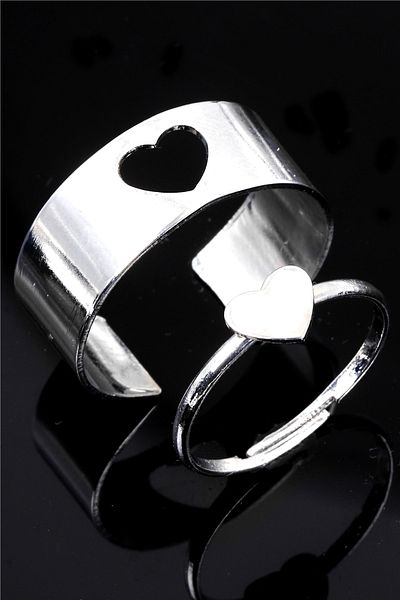 LABALABA Heart Figured Silver Color Lacquer Plated Adjustable Pair of 2 Rings