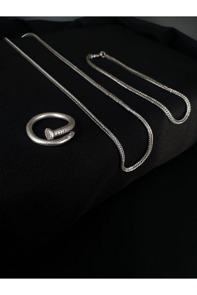Dukkanka Set of 3 Stud Model Antique Silver Adjustable Rings, Fox Chain Bracelet and Necklace