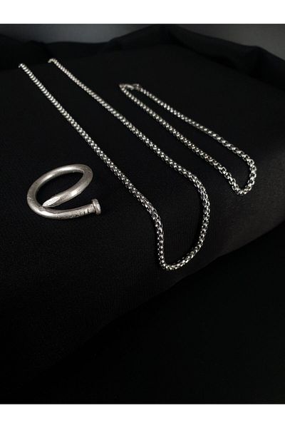 Dukkanka Set of 3 Stud Antique Silver Adjustable Rings, Knitted Bracelet and Necklace
