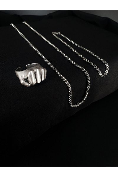 Dukkanka Set of 3 Biker Fist Model Antique Silver Adjustable Rings, Knitted Bracelet and Necklace