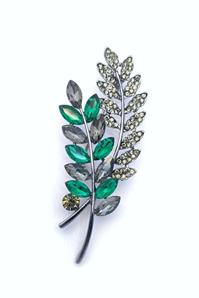 Esra Pamir Füme Yeşil Taşlı Başak Yaprak Broş