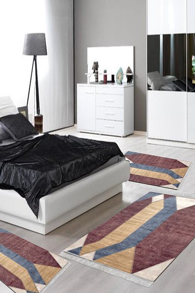 Alanur Home Eko Trend Djt Πλενόμενη αντιολισθητική βάση 3 τεμαχίων υπνοδωματίου S6506 Μοντέρνο πολύχρωμο