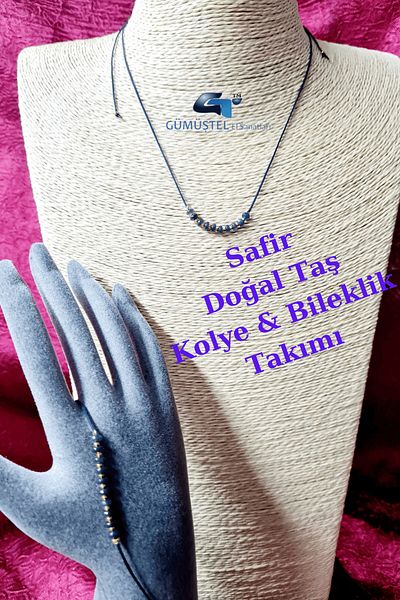 Gümüştel g t Certified Sapphire Natural Stone Necklace & Bracelet Set Multifunctional Adjustable Lock System
