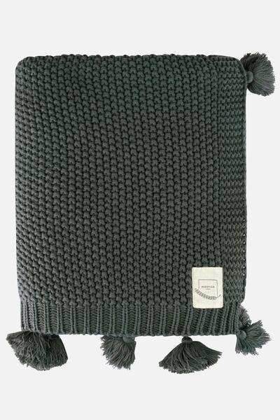 Miespiga Coco Rice Knitted Knitwear TV Blanket Throw Khaki Knitted Sofa Shawl with Pompom