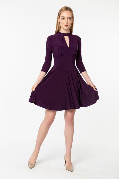 Laranor Plum Collar Gathered and Low-cut Detail Moving Skirt Dress