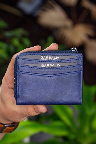 Garbalia Figo Genuine Leather Crazy Navy Blue Zippered Mini Card Holder Wallet