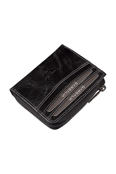 Garbalia Figo Genuine Leather Crazy Black Zippered Mini Card Holder Wallet