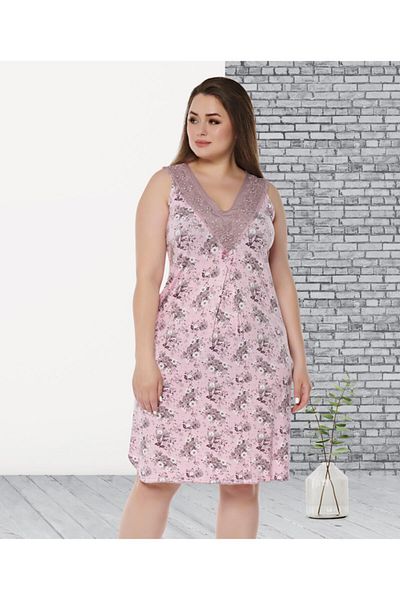 Cotpark 10590 Model Large Size - Patterned, Lace and Zero Sleeve Nightgown
