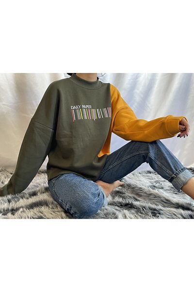 TWİN COLLECTION KHaki Sweat - Yellow Detailed and Patterned, Stand Collar and Padded
