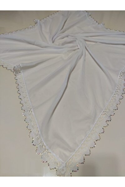 ALLURİNG Kadın Beyaz Dört Kenarı Taşlı İğne Oyalı Yazma