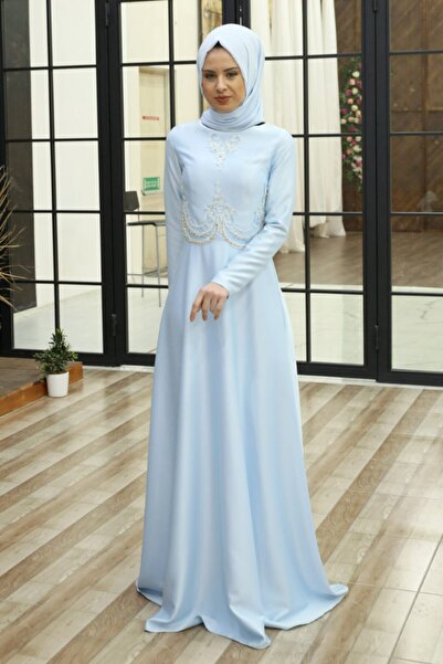 Feiza Collection Taş Detaylı Saten Tesettür Abiye - Bebe Mavisi