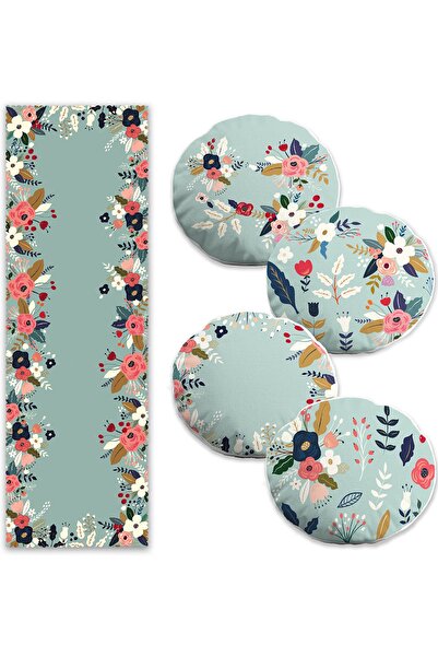 Realhomes Soyut Yeşil Renkli Çiçek Tasarımlı 4 Yuvarlak Kırlent Kılıfı Ve 1 R...