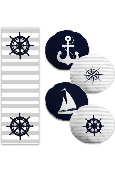 Realhomes Lacivert & Gri Denizçi Temalı Özel Tasarım 4 Yuvarlak Kırlent Kılıf...