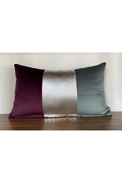KIRLENTİM Burgundy-gray Velvet Silver Foil Tape in the Middle Throw Pillow Co...