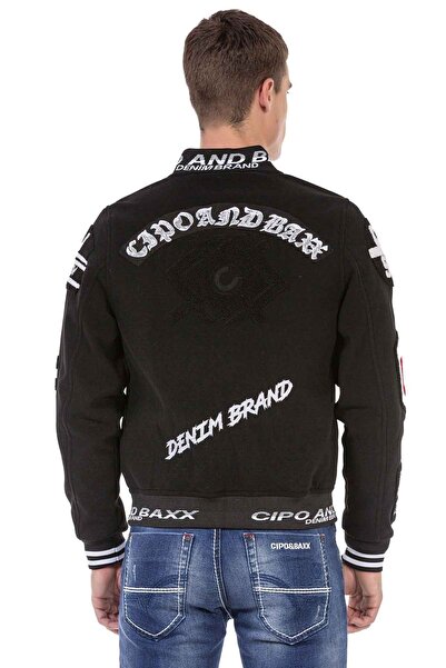 Cipo&Baxx Nakışlı Kaşe Siyah Kolej Mont